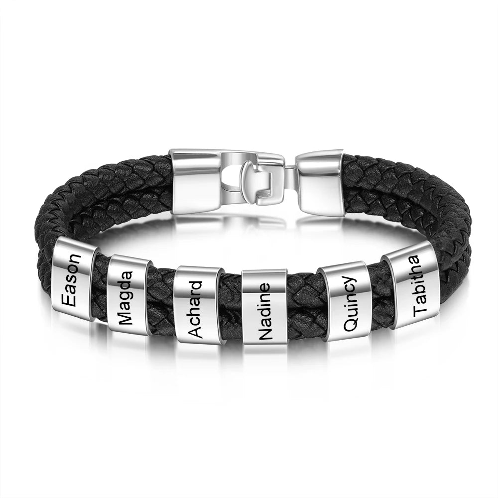 Pulsera de cuero trenzado y acero inoxidable para hombre