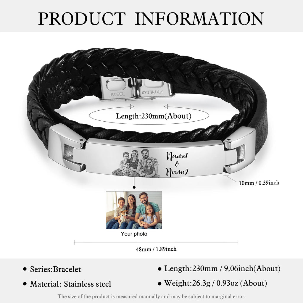 Pulsera de cuero con foto personalizada para hombre