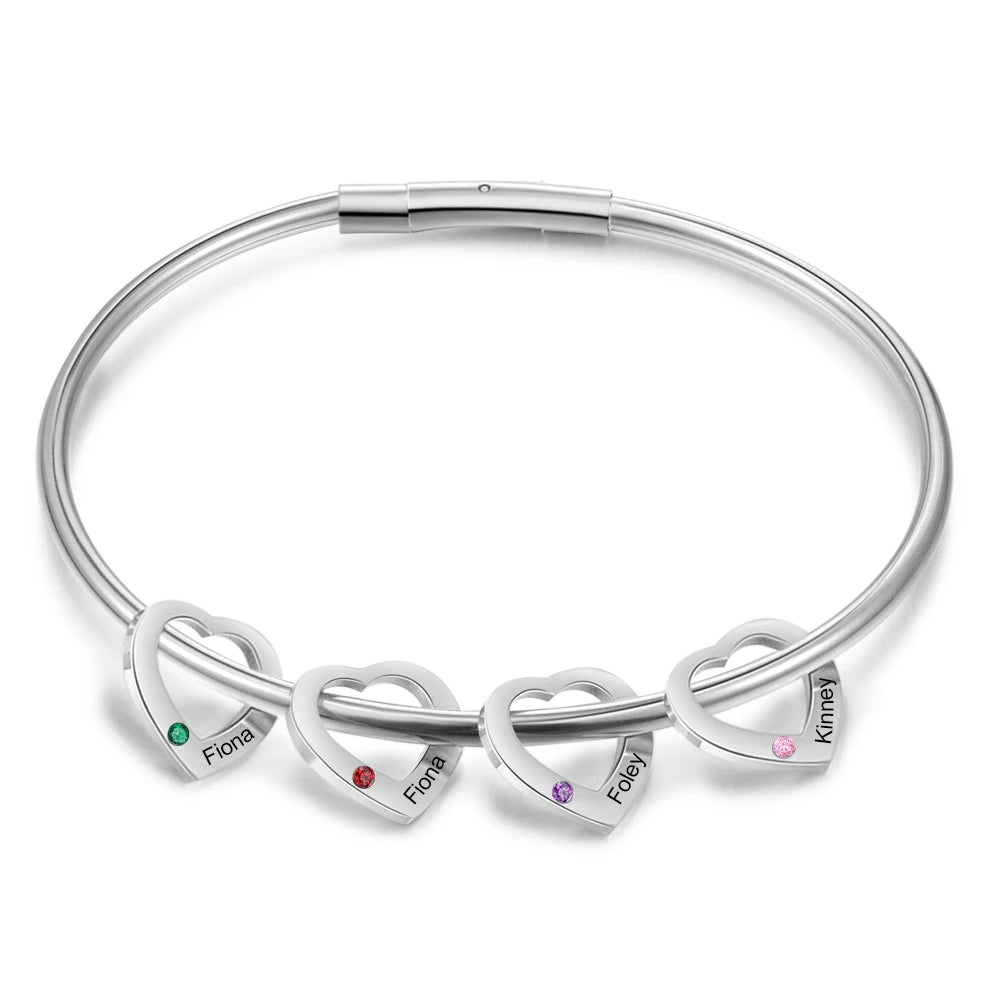 Pulsera con abalorio de corazón y nombre grabado personalizado con incrustaciones de 2-6 piedra natal