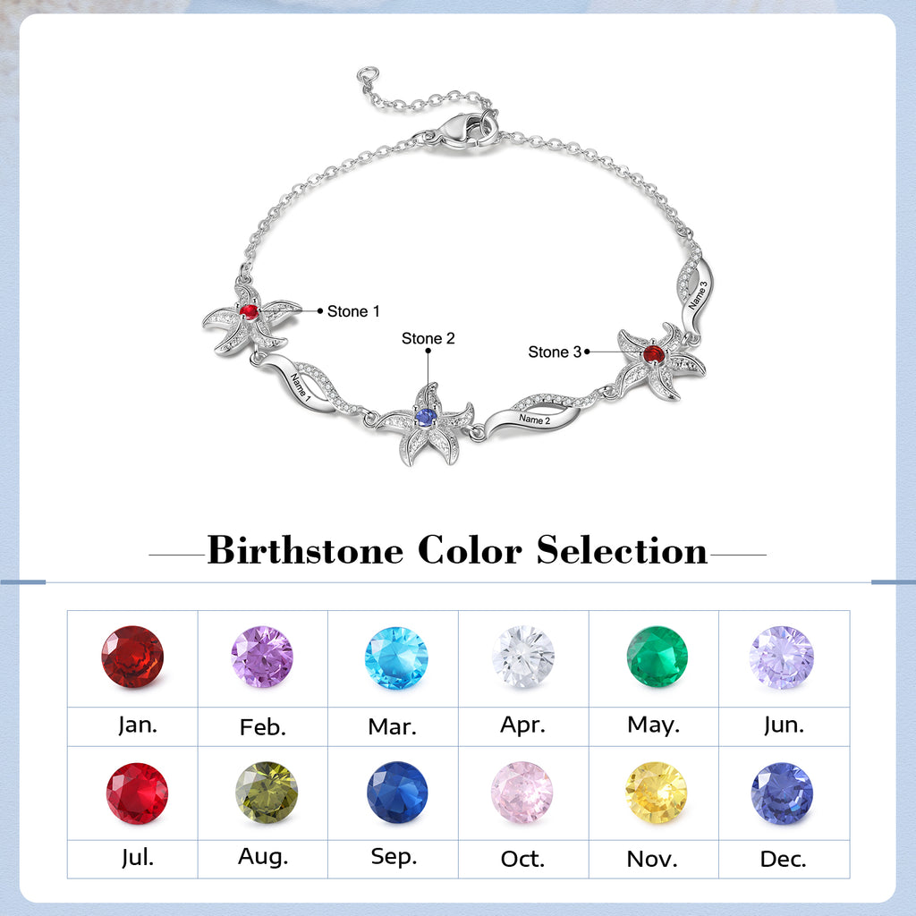 Pulsera personalizada de estrella de mar con piedra natal incrustada