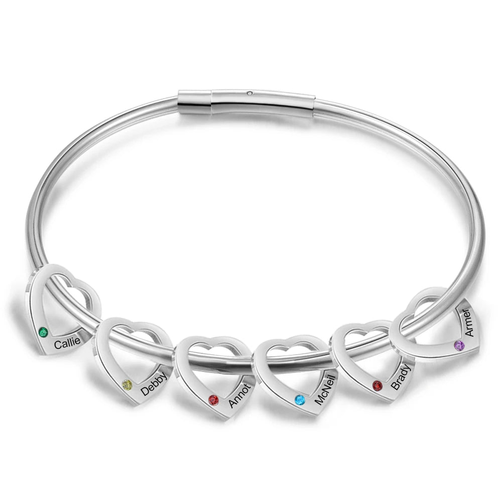 Pulsera con abalorio de corazón y nombre grabado personalizado con incrustaciones de 2-6 piedra natal